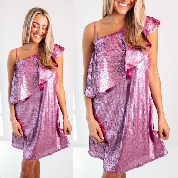 NWT The Impeccable Pig Time For Tinsel Magenta Sequin One Shoulder Dress Medium - Picture 1 of 7